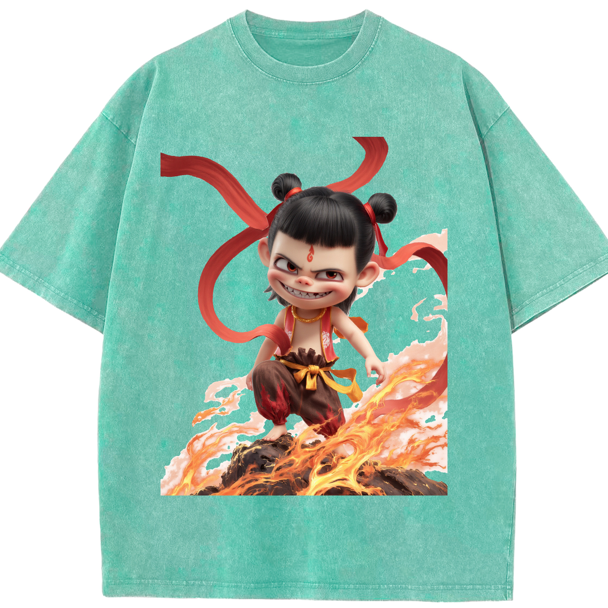 （画像用） Ne Zha 2 ナタ 魔童の大暴れ 綿100% ヴィンテージ風 半袖Tシャツ（フロントプリント）